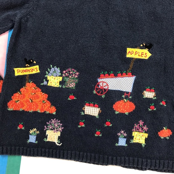 Vintage 90s Embroidered Long Sleeve Cardigan Fall Autumn Pumpkins - Picture 5 of 6